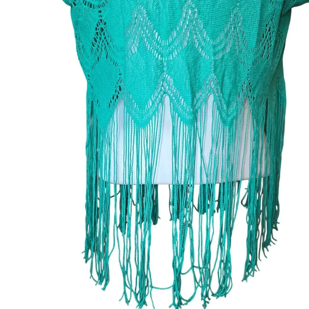 Love Squared green, cropped fringed bathing suit cover up top sz XS Sm‎